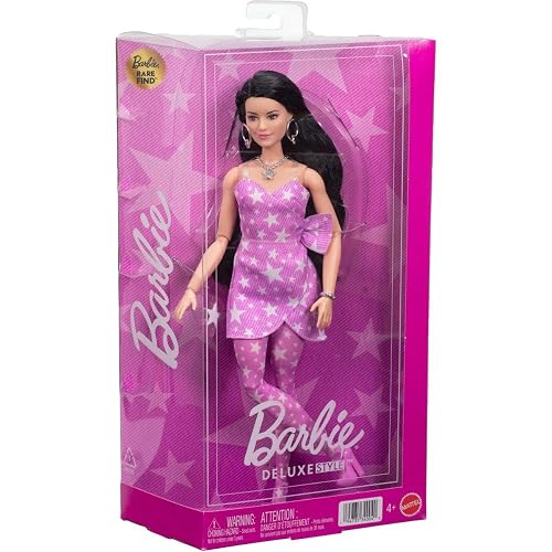 Barbie Fashionista Deluxe Style Muñeca con Vestido Rosa y Pelo Suelto, Accesorios de Moda y Cuerpo articulado, para niñas de 4 años en adelante