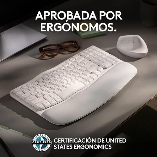 Logitech Wave Keys, Teclado ergonómico inalámbrico con reposamanos Acolchado, Escritura Confortable y Natural, Easy-Switch, Bluetooth, Logi Bolt, multisistema, Windows/Mac - Blanco