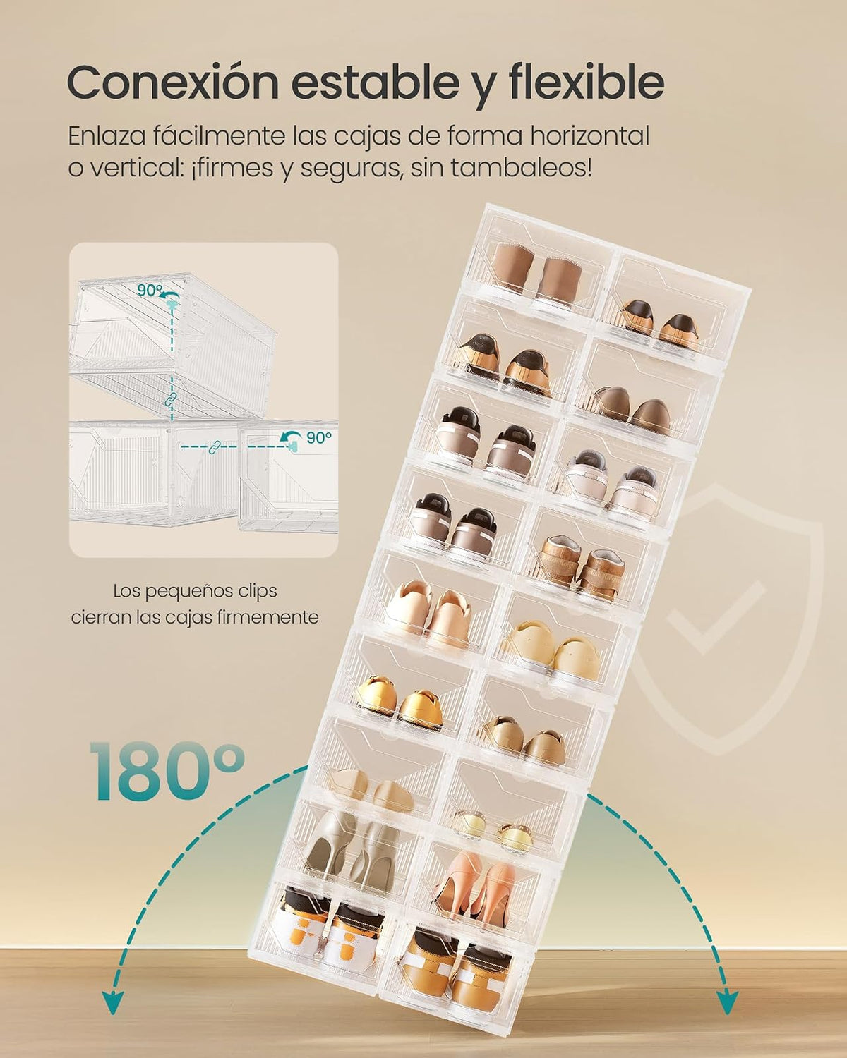 SONGMICS Cajas de Zapatos de Plástico, 6 Piezas con Puerta Magnética, Apilables y Conectables, 36x26x19 cm MLSP806WH01