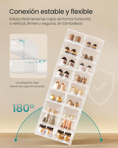 SONGMICS Cajas de Zapatos de Plástico, 6 Piezas con Puerta Magnética, Apilables y Conectables, 36x26x19 cm MLSP806WH01