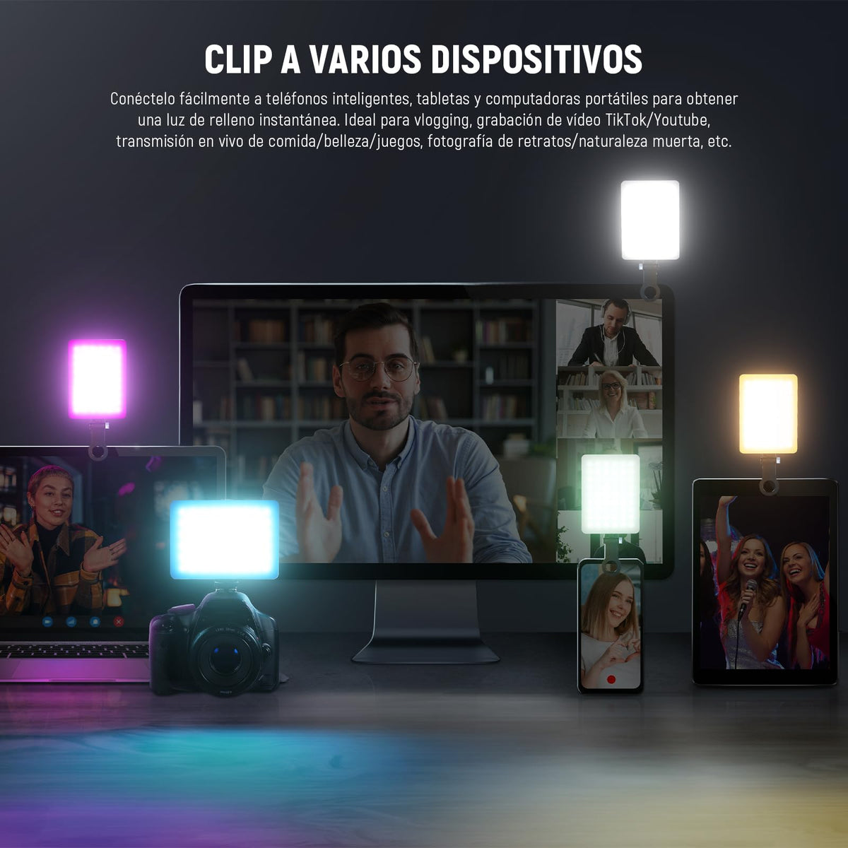 NEEWER VL67C RGB Luz Selfie con App Control, 94 LED CRI97 2000mAh Recargable, Cold Shoe Mount como Panel de Iluminación, Clip Portátil Delantero y Trasero Móvil para TikTok, Foco de Videoconferencia