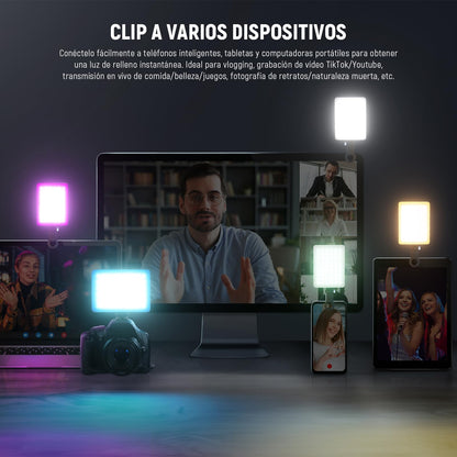NEEWER VL67C RGB Luz Selfie con App Control, 94 LED CRI97 2000mAh Recargable, Cold Shoe Mount como Panel de Iluminación, Clip Portátil Delantero y Trasero Móvil para TikTok, Foco de Videoconferencia