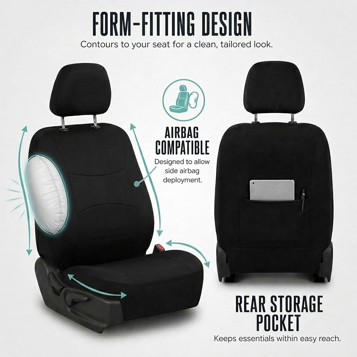 FH GROUP FB030BLACK115-COMBO Seat Cover Combo Set with Steering Wheel Cover and Seat Belt Pad (Airbag Compatible and Split Bench Black)