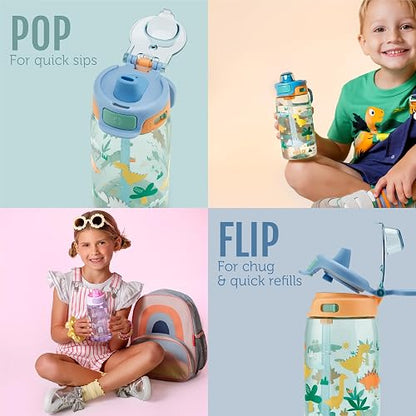 Ello Kids Pop & Fill Botella de agua de plástico Tritan de 16 onzas con tecnología de llenado rápido, tapa de bloqueo a prueba de fugas, sin BPA, apto para lavaplatos, para escuela, loncheras, arco
