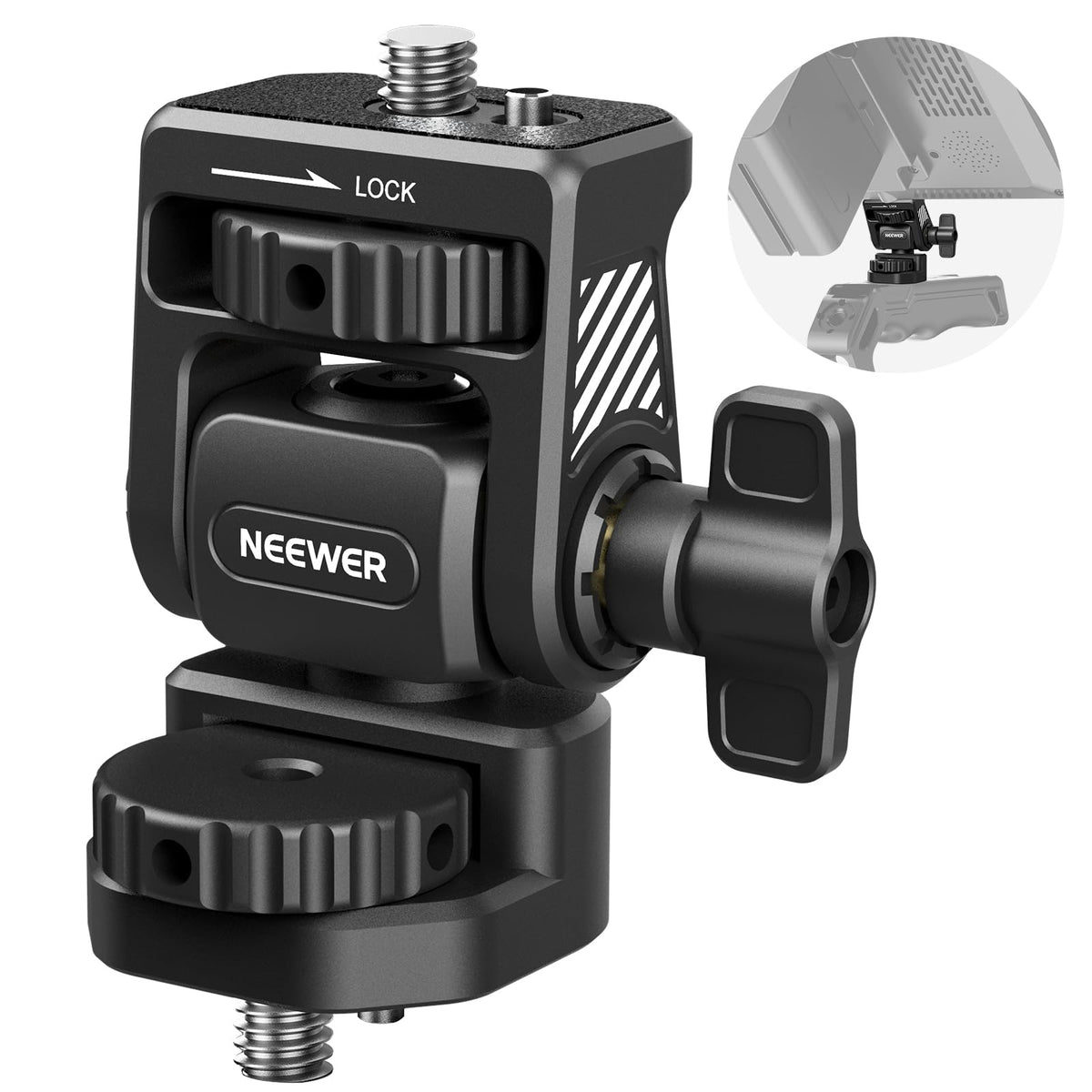 NEEWER Montaje de Monitor Campo Mejorado con Tornillo 1/4", Giro 360°, Inclinación 180°, Tornillo Antigiro Compatible con Atomos Ninja 5" y 7" Monitor de Cámara, Jaula para Cámara, MA021