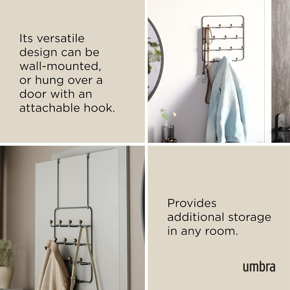 Umbra Estique Organizador con múltiples ganchos | Clavijas de madera de acero, sin enganches, se adapta a puertas de 1.6 pulgadas, acabado recubierto de energía