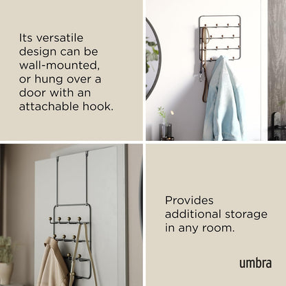 Umbra Estique Organizador con múltiples ganchos | Clavijas de madera de acero, sin enganches, se adapta a puertas de 1.6 pulgadas, acabado recubierto de energía