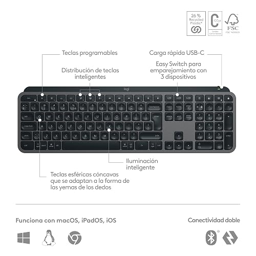 Logitech MX Keys S Teclado inalámbrico, bajo Perfil, preciso y silencioso, Teclas programables, retroiluminado, Bluetooth, USB C Recargable, para Windows PC, Linux, Chrome, Mac - Negro