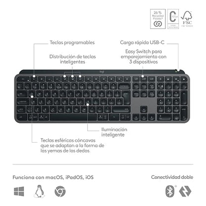 Logitech MX Keys S Teclado inalámbrico, bajo Perfil, preciso y silencioso, Teclas programables, retroiluminado, Bluetooth, USB C Recargable, para Windows PC, Linux, Chrome, Mac - Negro