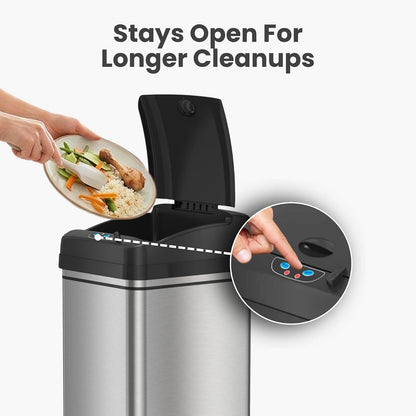 iTouchless - Sistema de control de olores para cubos de basura con sensor deslizante, cubo de basura automático de cocina y oficina (alimentado por batería o adaptador de CA opcional), 49.2 l, acero inoxidable con ruedas