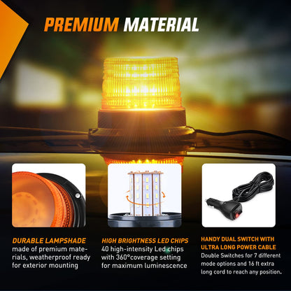Nilight F40-07A Luz Estroboscópica LED de 40 Luces Ámbar de Advertencia 12V-24V con Cable Magnético de 16 Pies para Tractores UTV