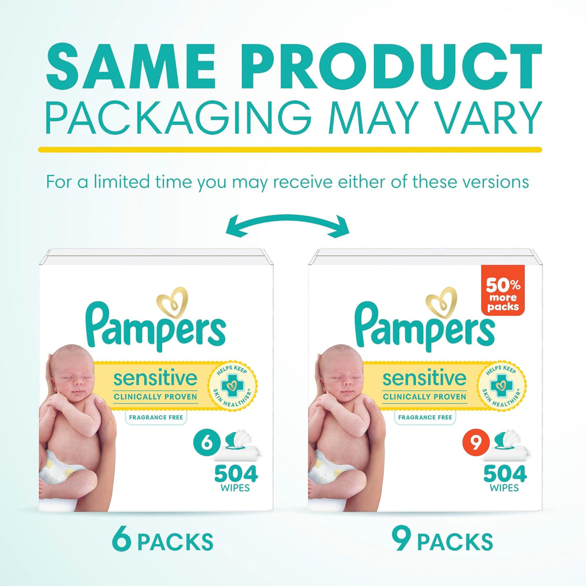 Toallitas de bebé, Pampers sensibles a base de agua, hipoalergénicas y sin perfume, 9X paquetes Pop-top, 504 toallitas totales (el embalaje puede variar)