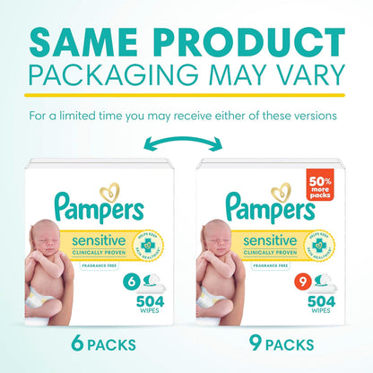 Toallitas de bebé, Pampers sensibles a base de agua, hipoalergénicas y sin perfume, 9X paquetes Pop-top, 504 toallitas totales (el embalaje puede variar)