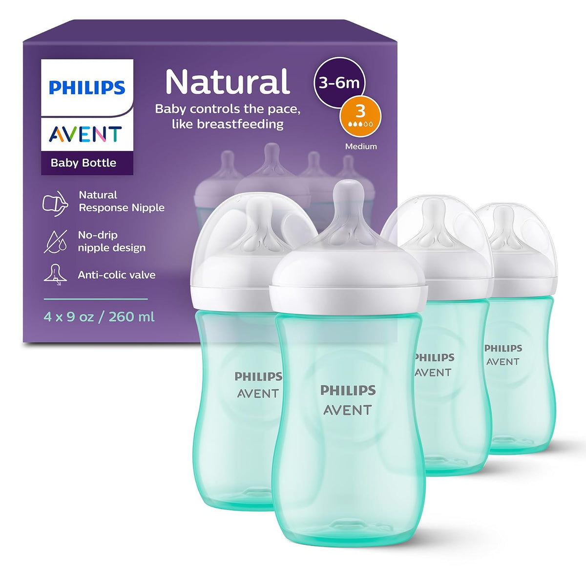 Philips Avent Natural Biberón para Bebé, Tetina Anticólica sin BPA - 260 ml (Pack of 4) - Teal