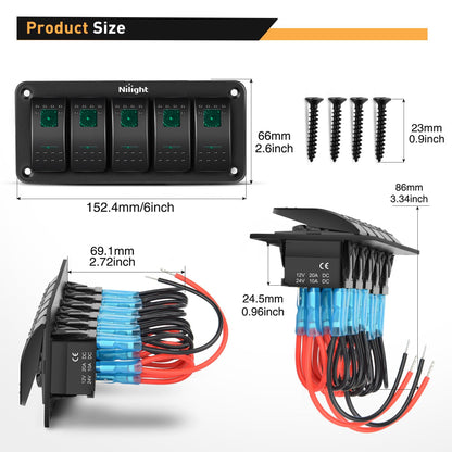 Nilight Panel de Interruptor 5 Bandas, 12V-24V, Aluminio, Precableado, Retroiluminado Verde