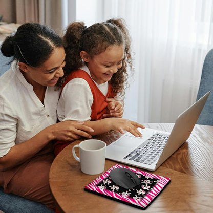 3dRose 8 x 8 x 0.25 Inches Mouse Pad, Cute Black Skulls with Bows on Pink Zebra (mp_61793_1)