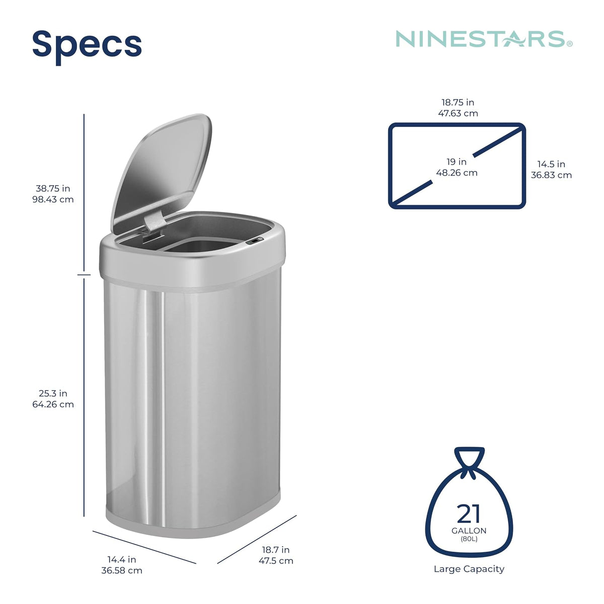 NINESTARS DZT-80-24 Bote de basura con sensor de movimiento automático con rango de sensor ajustable, base de acero inoxidable, tapa plateada, 21 galones