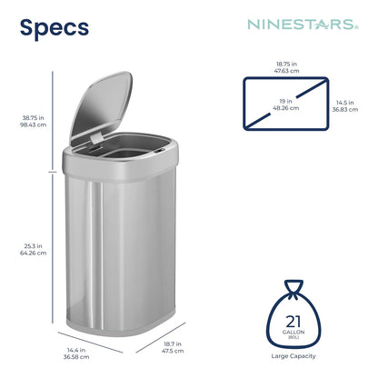 NINESTARS DZT-80-24 Bote de basura con sensor de movimiento automático con rango de sensor ajustable, base de acero inoxidable, tapa plateada, 21 galones