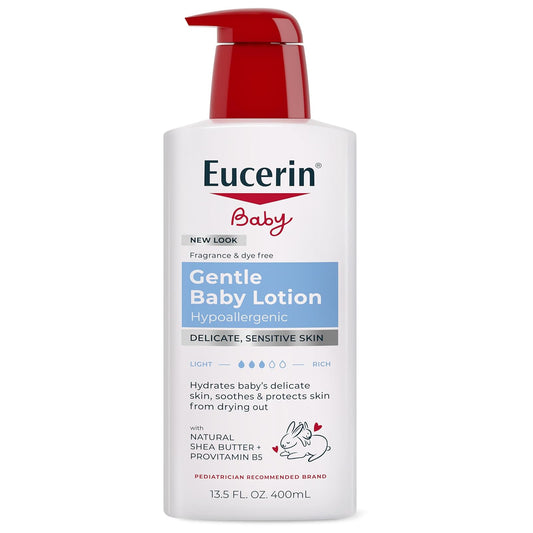 Eucerin Loción corporal para bebé, hipoalergénica y sin fragancias, segura para el uso diario en pieles sensibles, botella blanca de 14 onzas líquidas
