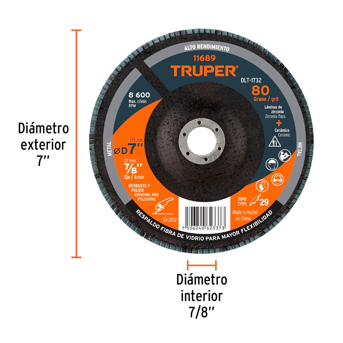 Truper DLT-1732, Disco laminado, 7", grano 80, centro 7/8"