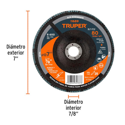 Truper DLT-1732, Disco laminado, 7", grano 80, centro 7/8"