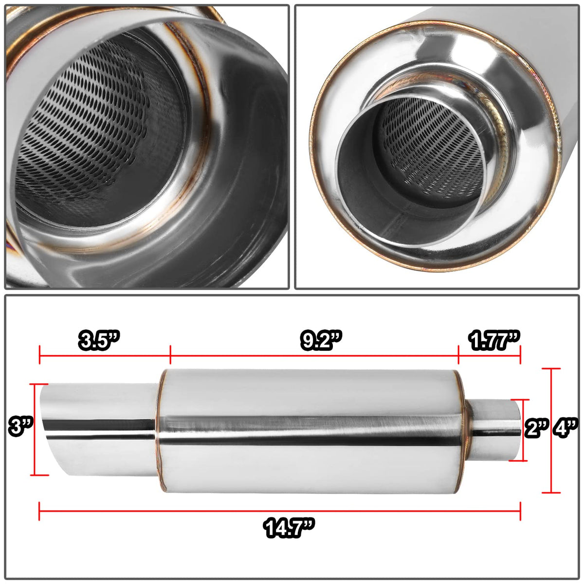 DNA MOTORING EXA-MF-004-T1 Silenciador de escape recto de acero inoxidable, universal, salida de 3 pulgadas, entrada de 2 pulgadas