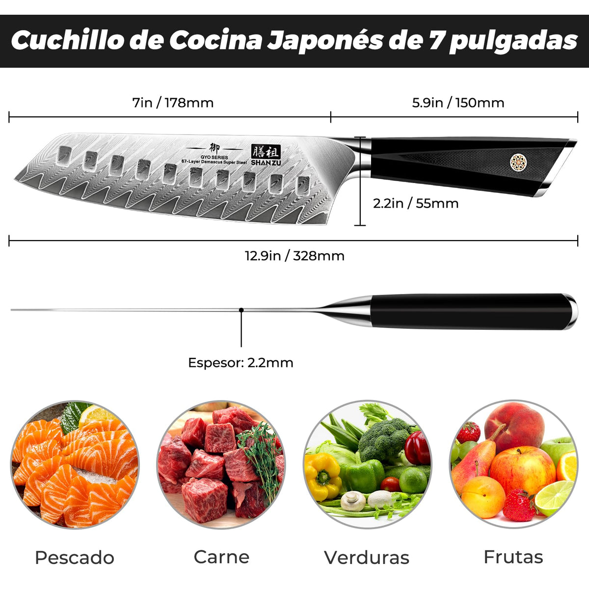 SHAN ZU Cuchillo Santoku, Cocina Acero AUS-10 de 67 Capas, Japones con Mango G10, Cuchillo Cocinero Profesional, Súper Afilada para Cortar Verdura, Fruta, Carne