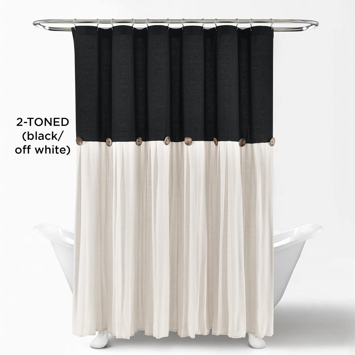 Lush Decor - Cortina de Ducha de Lino con Botones, 72 Pulgadas de Ancho x 72 Pulgadas de Largo, Negro y Blanco Roto – Tela de Cortina de Ducha Negra – Cortina de baño – Decoración de baño de Granja
