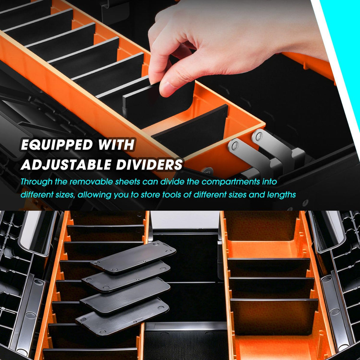 DNA Motoring Caja de Herramientas de plástico de 2 Capas con Cerradura Caja de Herramientas Plegable portátil Bandeja divisoria Organizadores de Herramientas, con asa, Naranja/Negro, TOOLS-00503