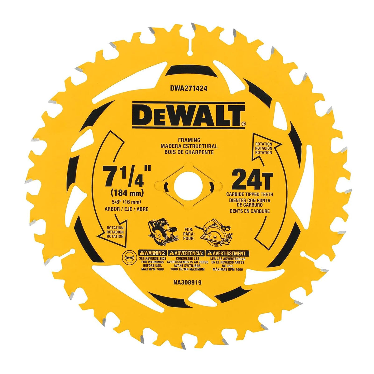 DEWALT Disco de Corte para sierra circular de 7-1/4", corte madera 24D (DWA271424)