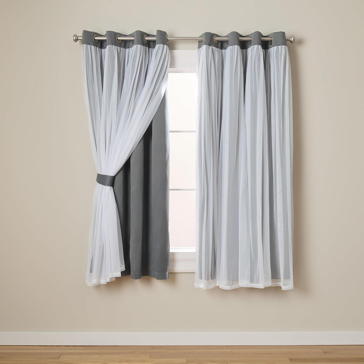 Exclusive Home Cortinas Talia con Ojales, Doble Capa - Negro (Black Pearl) - 52An x 63Al cm (2 Paneles)