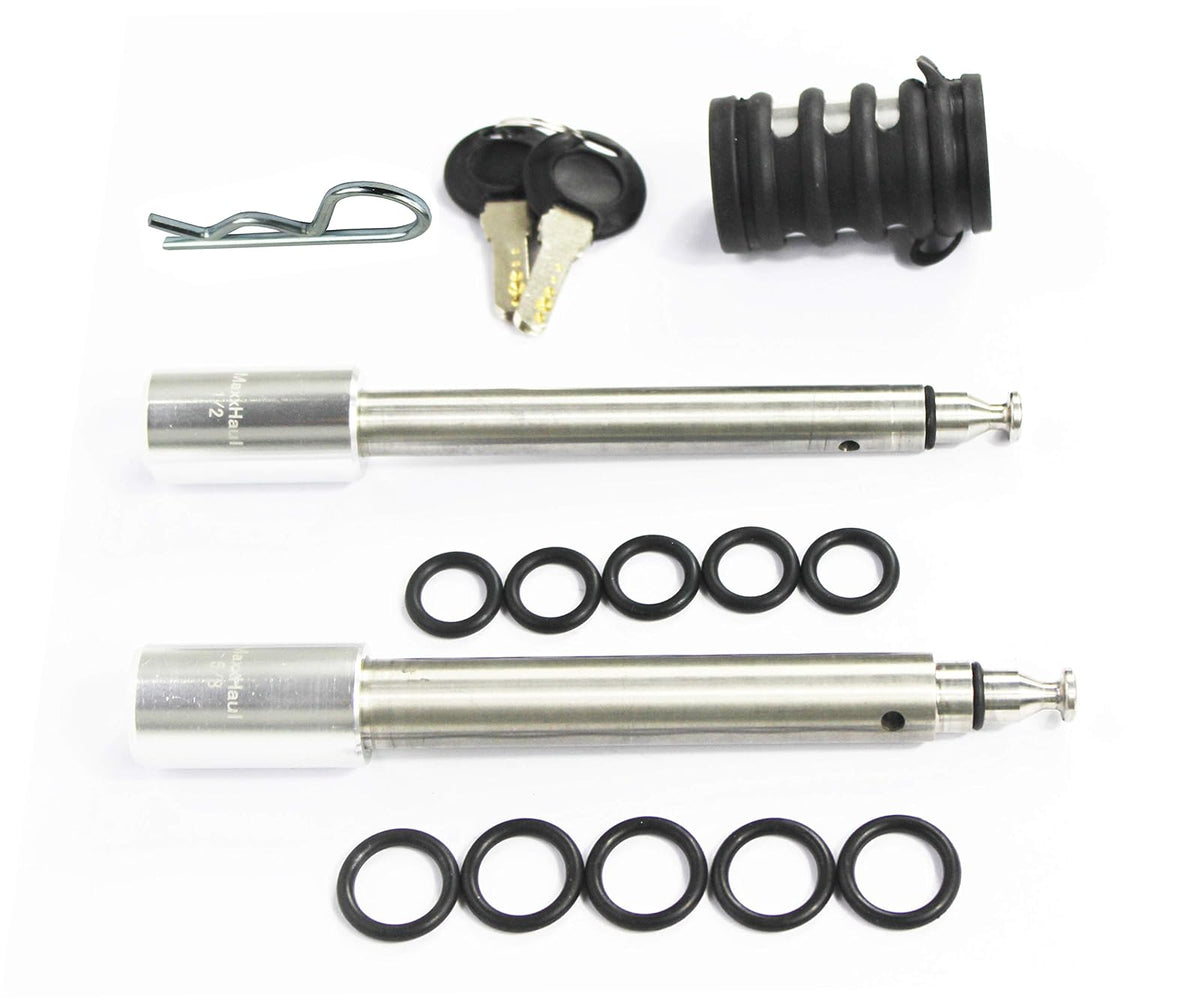 MaxxHaul 50152 - Juego de pasadores de Bloqueo de Enganche de Acero Inoxidable de 5/8 Pulgadas y 1/2 Pulgadas de diámetro con Clip de Seguridad y Juntas tóricas antirsonajero para receptores de