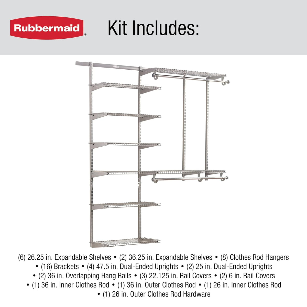 Rubbermaid - Configuraciones: kit de armario personalizado, Deluxe, plateado, de 3 a 6 pies