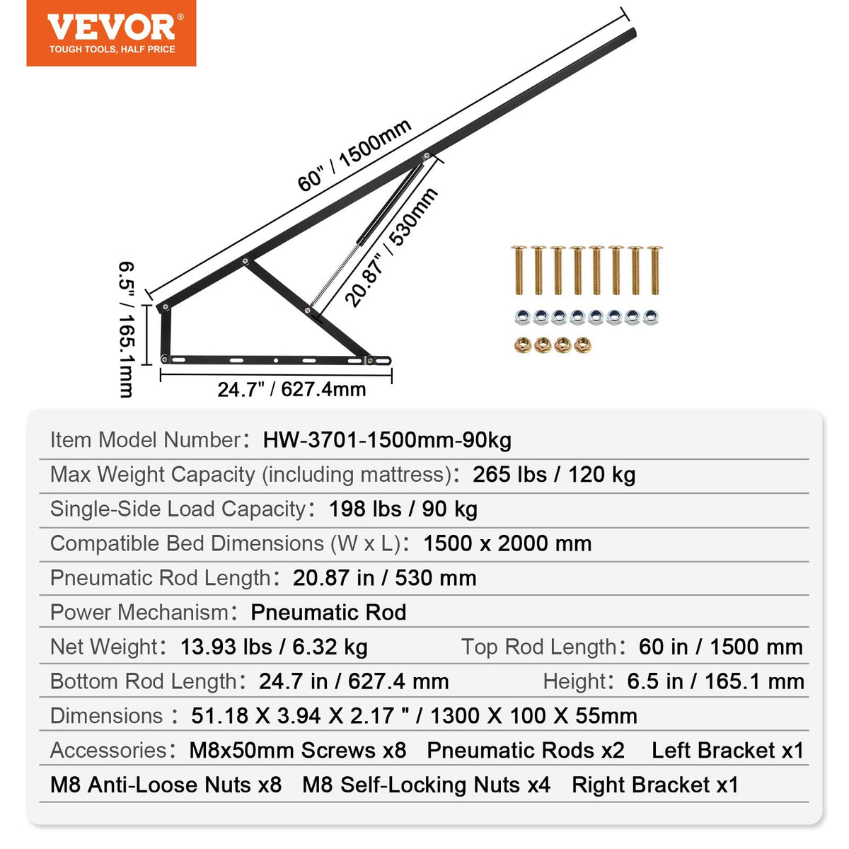 VEVOR Elevador de cama de 59 x 79 pulgadas, compatible con camas de hasta 265 libras de carga, herrajes para cama de pared para bricolaje