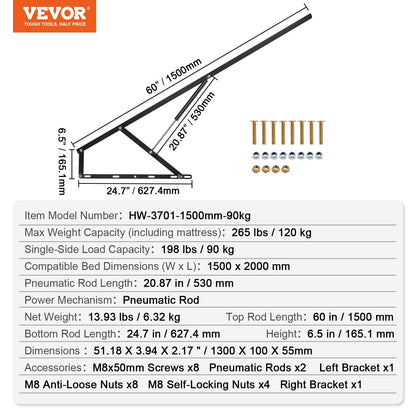 VEVOR Elevador de cama de 59 x 79 pulgadas, compatible con camas de hasta 265 libras de carga, herrajes para cama de pared para bricolaje