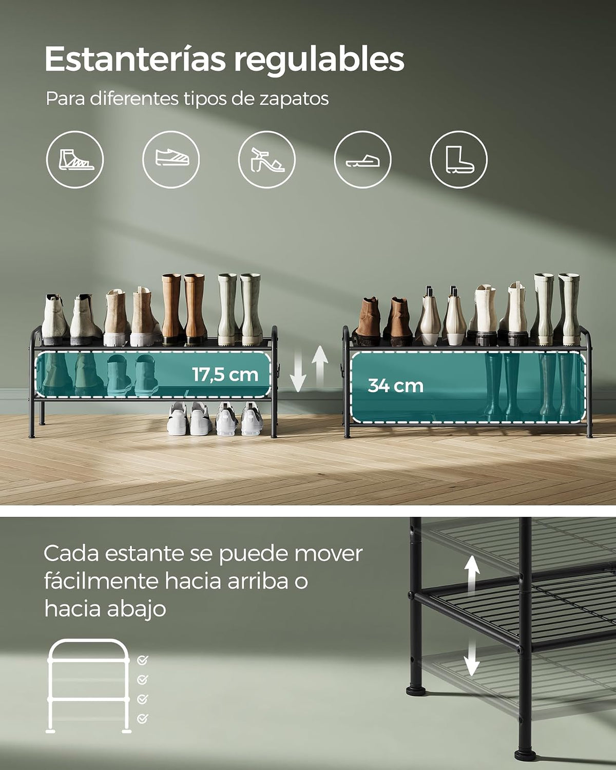SONGMICS Zapatero, Organizador Zapatos de 2 Niveles, Estante Metálico, con 4 Ganchos, para 10 Pares, Altura Ajustable, Negro Tinta MLMR128B01