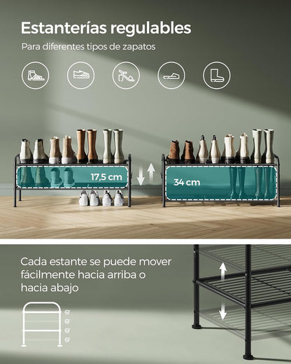 SONGMICS Zapatero, Organizador Zapatos de 2 Niveles, Estante Metálico, con 4 Ganchos, para 10 Pares, Altura Ajustable, Negro Tinta MLMR128B01