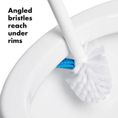 OXO Good Grips - Escobilla para Inodoro, Color Blanco | El recipiente almacena cepillo para polvo, cerdas cónicas para una limpieza a fondo, ideal para la limpieza del baño