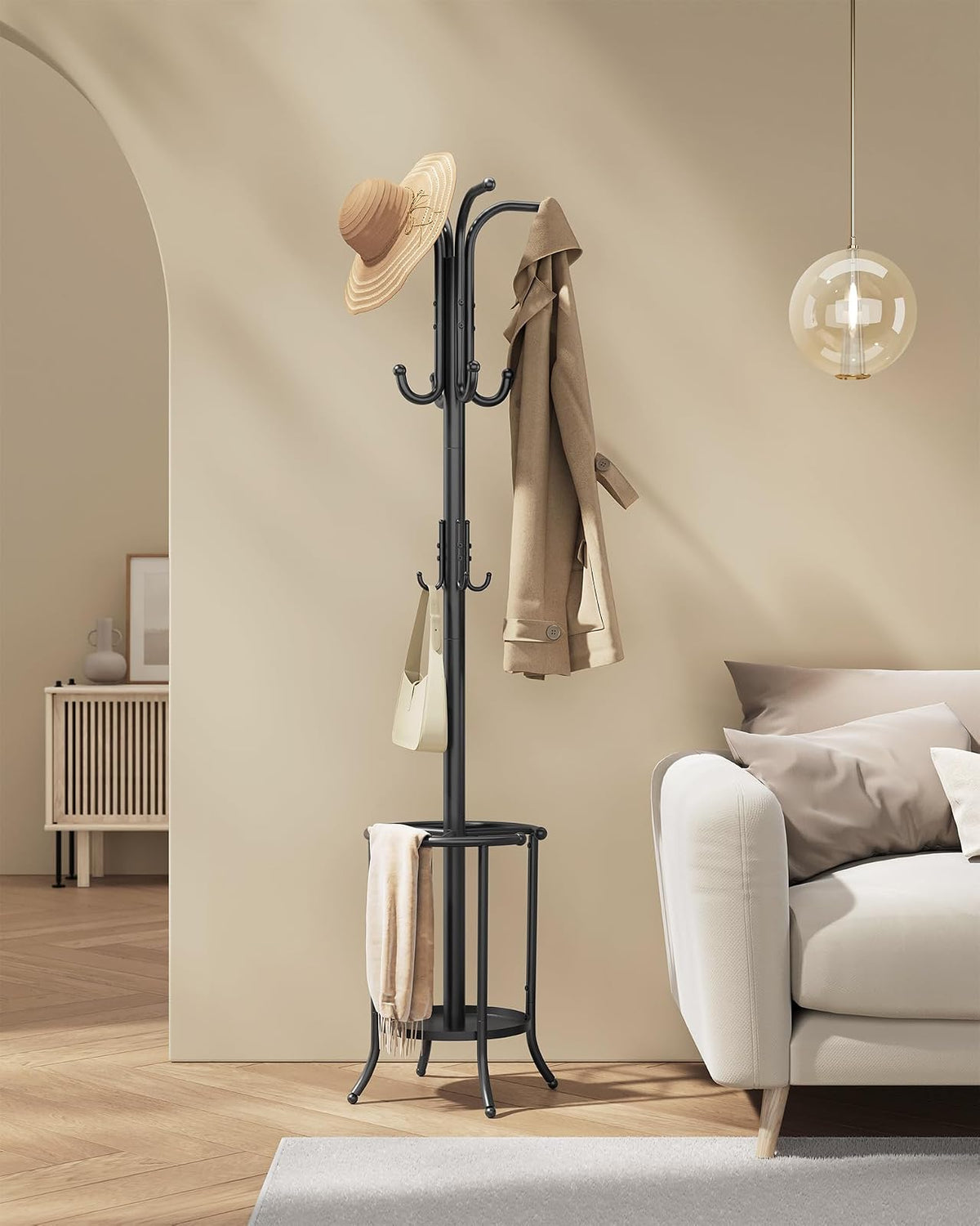 SONGMICS Perchero de Pie con 12 Ganchos y Porta Paraguas, Soporte Ajustable para Sala, Recámara y Pasillo, 30x30x175.5 cm MRCR011B01