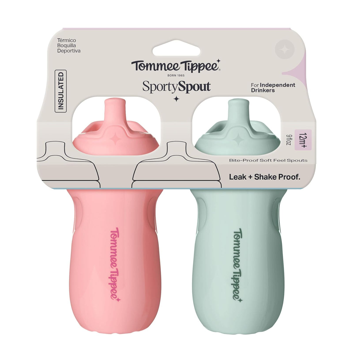 Tommee Tippee Vaso Entrenador Sporty, 1-3 Años, Antiderrames, Térmico | Paquete de 2, 266ml/9oz, Válvula de Dos Piezas Evita Derrames, Rosa y Menta, Libre de BPA