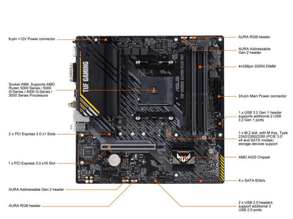 ASUS TUF Gaming A520M-PLUS WiFi Tarjeta Madre AMD para PC Gamer y Esports | AM4, mATX, Ryzen serie 5000/3000, DDR4 hasta 128GB, PCIe 3.0 x16, ranura M.2, WiFi 5, LAN Gigabit, 4x USB 3.2 Gen 1, de ASUS