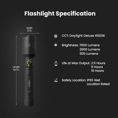 Feit Linterna eléctrica Flex Power, 7000 lúmenes, LED ultrabrillante, recargable y compatible con batería AA, aluminio de grado aeronáutico, carga USB-C, 3 modos de luz, luz de emergencia con