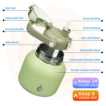 BJPKPK - Botellas de agua aisladas con popote, 27 onzas lindas botellas de agua con asa, termo de metal de acero inoxidable sin BPA, termo de fácil transporte para hombres y mujeres, verde claro