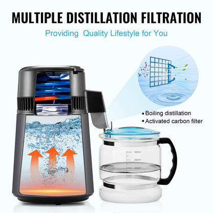 VEVOR Destilador de agua, filtro purificador de agua pura de 4 l y 1,05 galones para encimera del hogar, máquina de agua destilada de 750 W, destilador interior de acero inoxidable, color gris