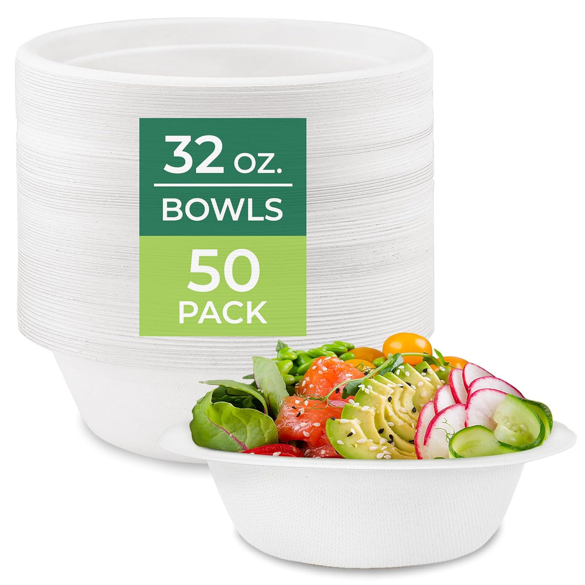 Freshware Cuencos Desechables de Fibra de Caña de Azúcar Biodegradables - 32 Ounce, 50-Pack - Natural