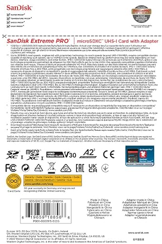SanDisk Tarjeta microSDXC Extreme Pro de 512 GB + Adaptador SD + RescuePRO Deluxe, hasta 200 MB/s, con Rendimiento de aplicación A2, UHS-I, Clase 10, U3, V30