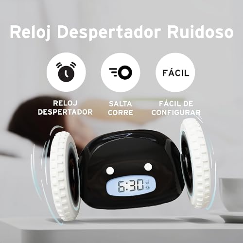 CLOCKY Reloj Despertador con Ruedas Digital Potente Ruidoso para Dormilones | Alarma Sonido Muy Fuerte Sordos Sueño Pesado Adultos Niños Inteligente Fugitivo Se Mueve Regalo Divertido, Negro
