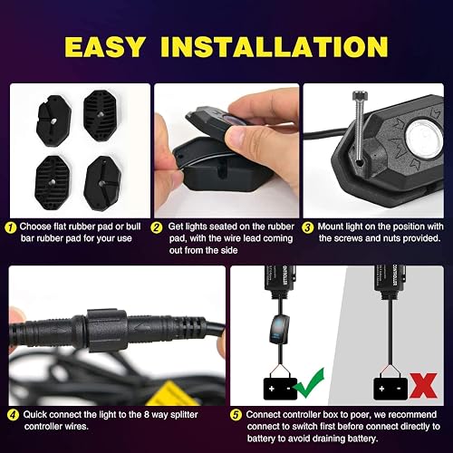 Nilight Kit de 8 Luces LED RGB Rock RL07H, Multicolor, Bluetooth, Modo Música, IP68, para ATV/UTV