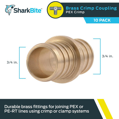 SharkBite Acoplamiento de crimpado de 3/4 pulgadas, paquete de 10, ajuste de fontanería de latón, tubo PEX, PE-RT, UC016LFA10