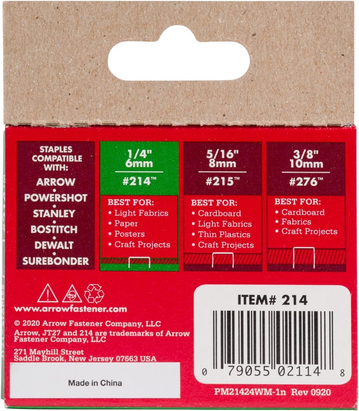 Arrow Fastener Grapas JT21 214 | 1/4 pulgada, caja 1000 grapas, corona plana ancho 7/16 pulgadas